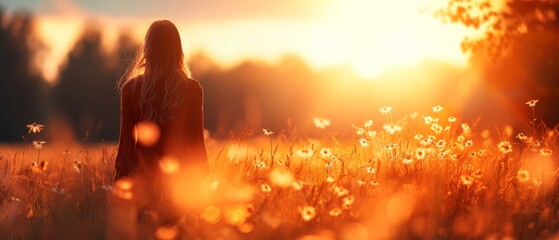 Sticker -  A woman poses in a dandelion field as the sun sets, trees silhouetted against the backdrop