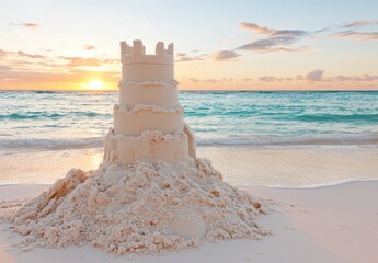 Wall Mural - Sunset over a sand castle on the beach