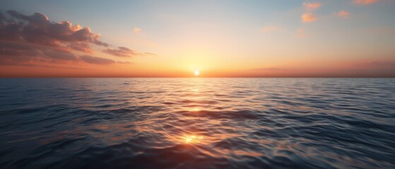  The sun sets over the ocean; in the foreground, a vast body of water lies