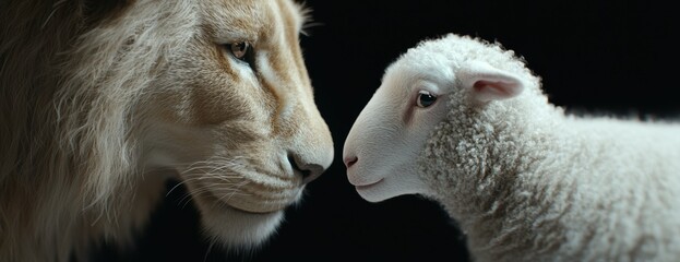 Wall Mural - close-up of a white lamb and a lion