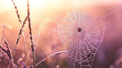 Wall Mural -   Close-up of a spider's web on a plant with dew drops