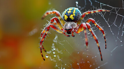 Wall Mural -   A macro photograph captures a spider perched on its web with droplets of water on its back and a softly blurred background