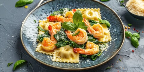 Wall Mural - Shrimp and Spinach Ravioli Served on a Blue Plate on a Grey Table