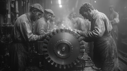 People work in a heavy industry, retro factory machine and production, first industrial revolution concept