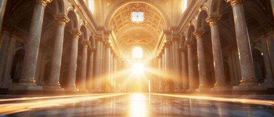 Wall Mural -  A large cathedral with columns encircling the space, radiant light emanating from its center