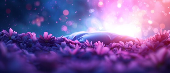 Wall Mural -  A tight shot of a collection of blooms atop a purple flower bed, backdrop illuminated by a radiant light