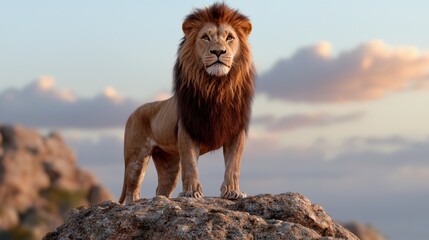 Wall Mural - majestic lion standing on rocky outcrop at sunset