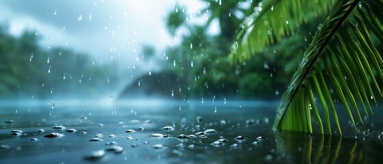 Poster - rain falls on the ground, a palm tree in foreground, a river in background