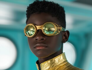 Wall Mural - futuristic young person wearing metallic gold outfit and round goggles