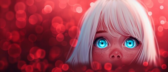 Wall Mural - Blonde-haired girl with blue eyes against a backdrop of red bokeh  of lights