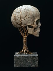 Poster - cracked skull sculpture with golden tree roots