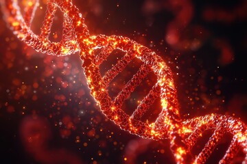 Glowing red DNA helix with light particles floating around it. The abstract design emphasizes a scientific and futuristic theme, with a vibrant red hue and dynamic lighting effects.