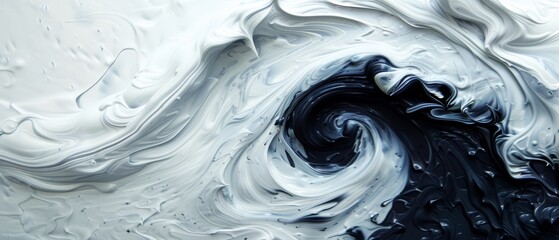 Wall Mural -  A tight shot of a white-and-black swirl against a contrasting black-and-white backdrop, adorned with water droplets