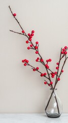 Wall Mural - red berries in glass vase on white background