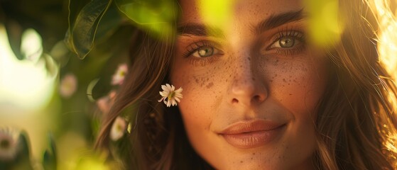 Wall Mural -  A women's face, up-close Freckled hair framing it A flower in her left eye