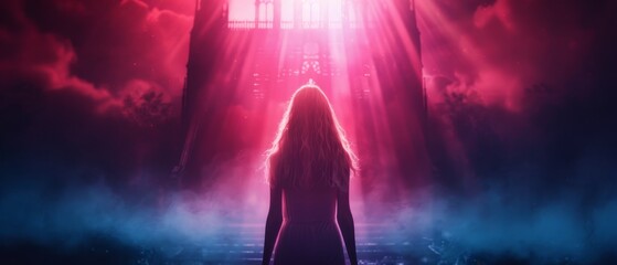 Wall Mural -  A woman stands before a red and blue light in a dark room, silhouetted against the staircase ascending behind her