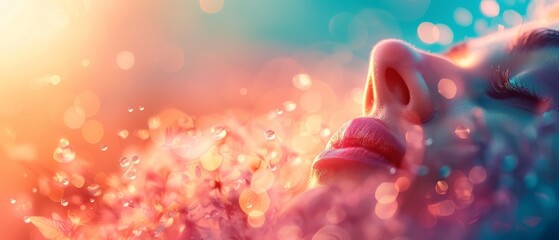 Wall Mural -  A woman's face, tightly framed, dotted with water droplets Blue sky background