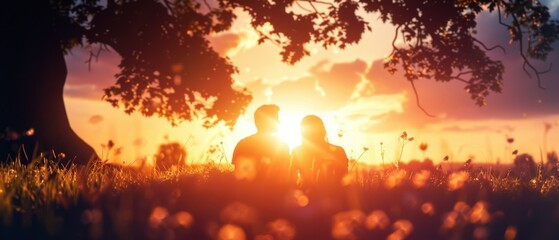 Wall Mural -  A man and a woman stand in a field as the sun sets, a tree in the foreground frames their silhouettes