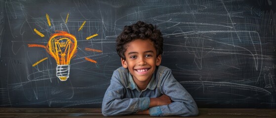 Smiling boy standing by a chalkboard with a drawn lightbulb. Free copy space for text.