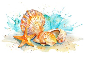 tropical seashell and starfish delight. watercolor illustration of nature's beauty on white backgrou