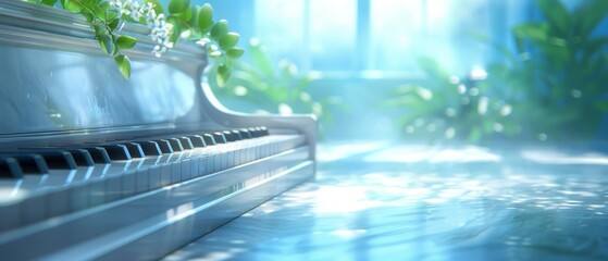 Wall Mural -  A piano facing a window with a plant sprouting from its sill