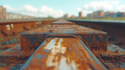   A rusted train rail, sharply focused, rests atop the tracks amidst towering structures and a cloud-filled sky