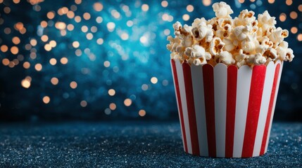 Wall Mural - Popcorn in a striped box on a glittery blue background