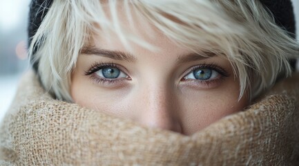 Wall Mural - Piercing blue eyes of a woman in a cozy sweater