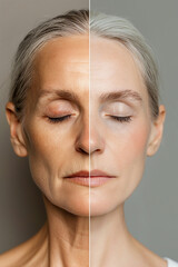 woman posing before and after facelift. face fitness results, plastic surgery. mature woman before a