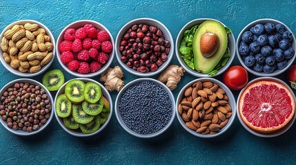 Poster -   A group of colorful bowls arranged on a blue surface, brimming with various fruits and veggies