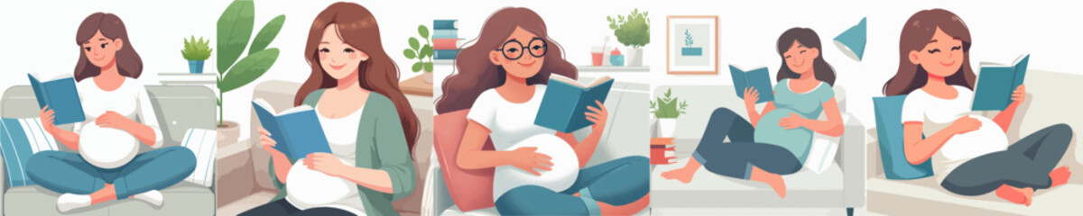 Canvas Print - pregnant woman vector set reading a book