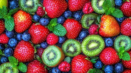 Sticker -   A close-up of various fruits such as strawberries, kiwis, blueberries, and raspberries