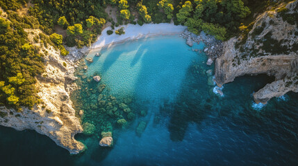 Canvas Print - Aerial view of a serene beach with crystal-clear turquoise waters and lush green forest. Perfect for nature, travel, and tropical getaway concepts.