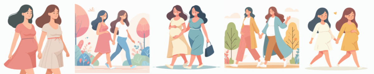 Wall Mural - vector set of two pregnant women walking