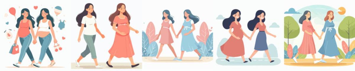 Poster - vector set of two pregnant women walking