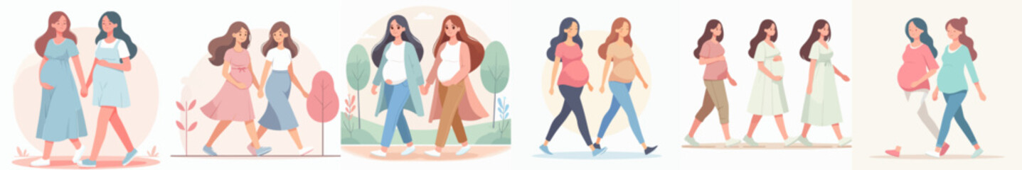 Poster - vector set of two pregnant women walking