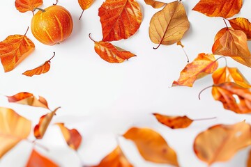 Wall Mural - pumpkin and fall leaves on a white background