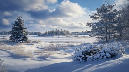 Poster - Snow-covered tree in a winter landscape with mountains and a clear blue sky, creating a serene and festive atmosphere. Perfect for winter and holiday themes.