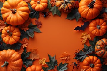 Wall Mural - halloween composition with pumpkins, bats and spiders