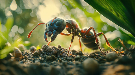 Sticker -   A high-resolution macro shot of a bug resting on the ground amidst grassy foliage and rock formations, illuminated by golden sunbeams filtering through leafy