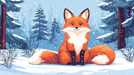 Sticker -   A red fox rests in the snow amidst towering pine trees as snowflakes cascade around it