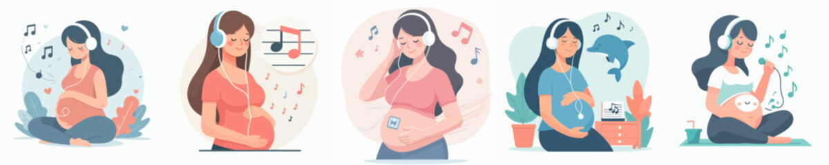 Wall Mural - pregnant woman vector set listening to music