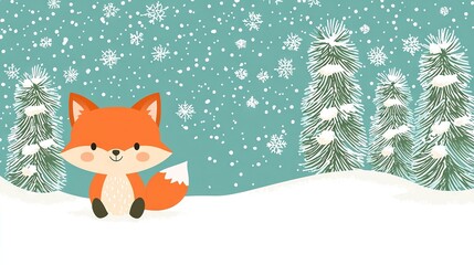 Wall Mural -   Red fox sitting in snow, pine tree background, snowflakes on branches