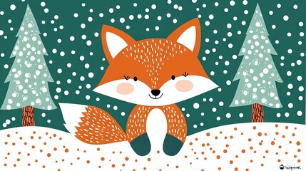 Wall Mural -  A snowy fox perched amidst background trees, surrounded by falling snowflakes