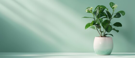 Sticker -  A potted plant in a white vase Green leaves crown the vase's top Light green wall behind