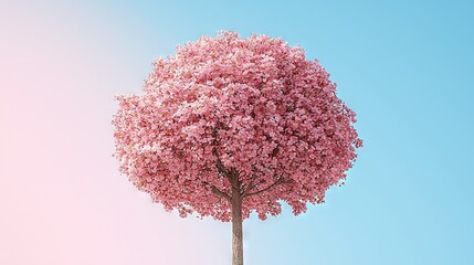 Poster -   A field with a blue sky in the background, dotted with a tree bearing many pink flowers