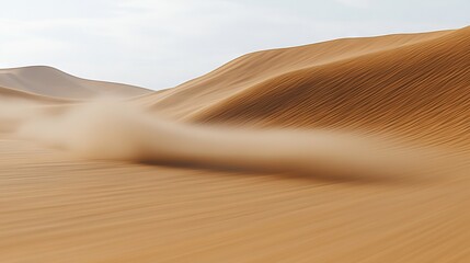 Poster -   A clear picture of a desert with sand swirling in the foreground and distant hills against a blue sky background