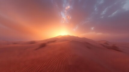 Sticker -   The sun descends over a desert landscape adorned with sand dunes in the foreground, and a solitary tree stands sentinel