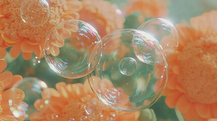 Poster -   A sunny day with orange flowers and bubbles floating in front of them