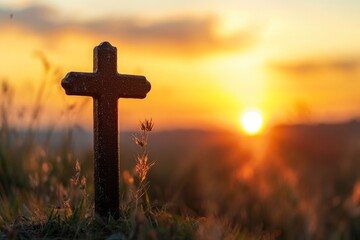 Good Friday. Friday before Easter. Christian cross against the sunset with generative ai